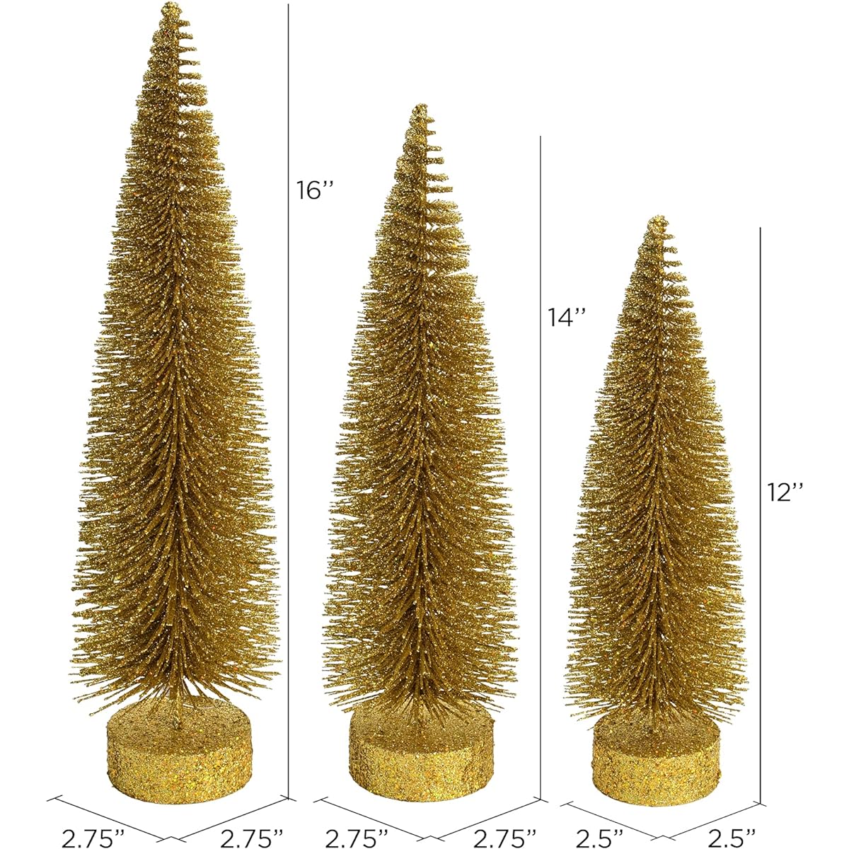 Vickerman 12"-14"-16" Gold Glitter Oval Pine Artificial Christmas Tree Set of 3 Seasonal Indoor Decor