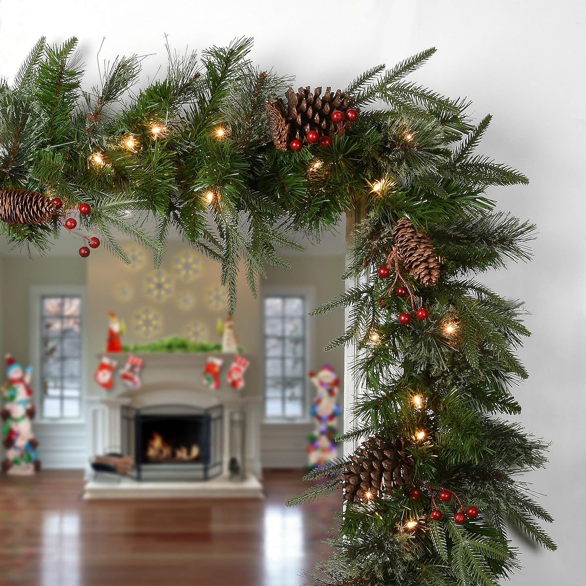 National Tree Company 'Feel' Real Light Artificial Christmas Garland, Flocked with Mixed Decorations and Pre-strung White Lights, 9' Colonial Style