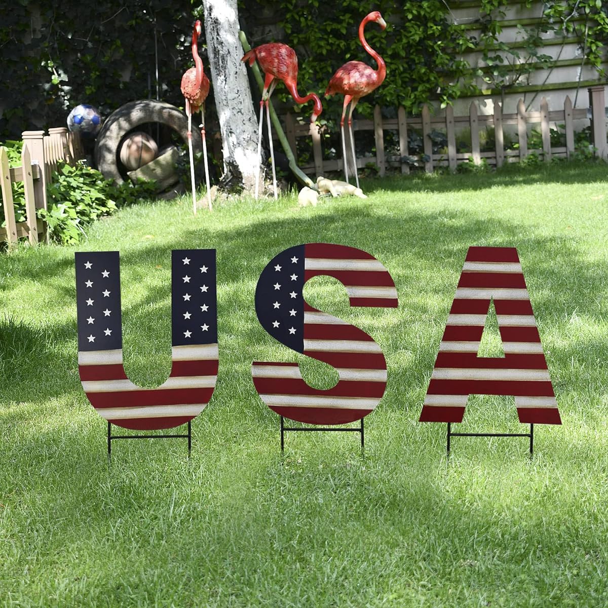 Metal USA Yard Sign Patriotic Garden Stake 4th of July Outdoor Decor Lawn Stakes Star Decoration American Flag Letter Set for Independence Day Memorial Day Party