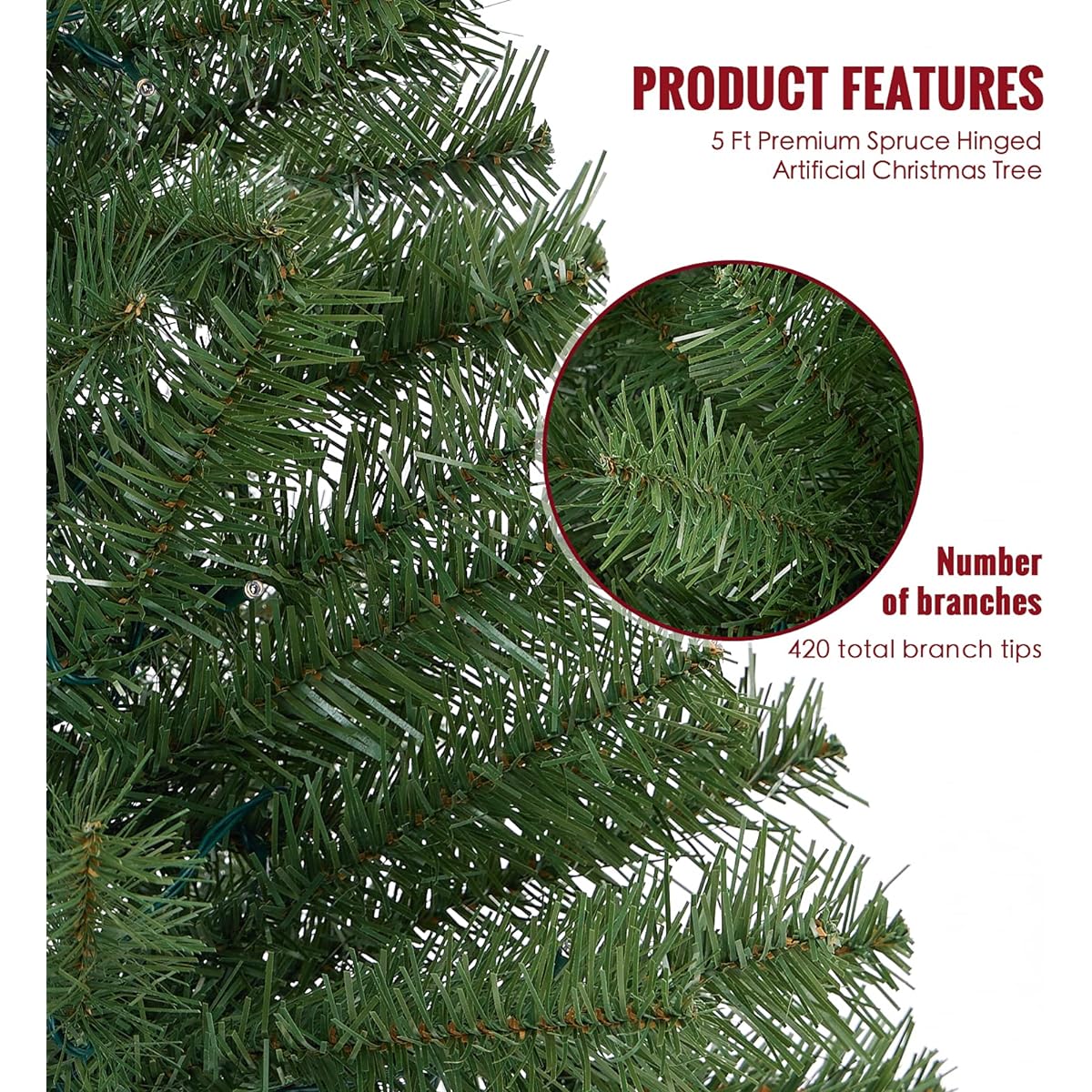 WBHome 5' Premium Spruce Hinged Artificial Christmas Tree, 420 Branch Tips, No Lights