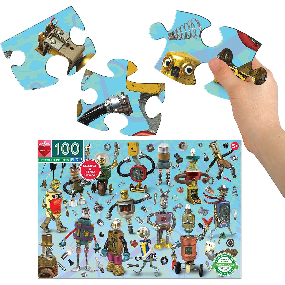 eeBoo: Upcycled Robot 100 Piece Puzzle - Perfect for Small Hands - Helps Develop Pattern, Shape and Color Recognition - Challenges Kids - Ages 5+