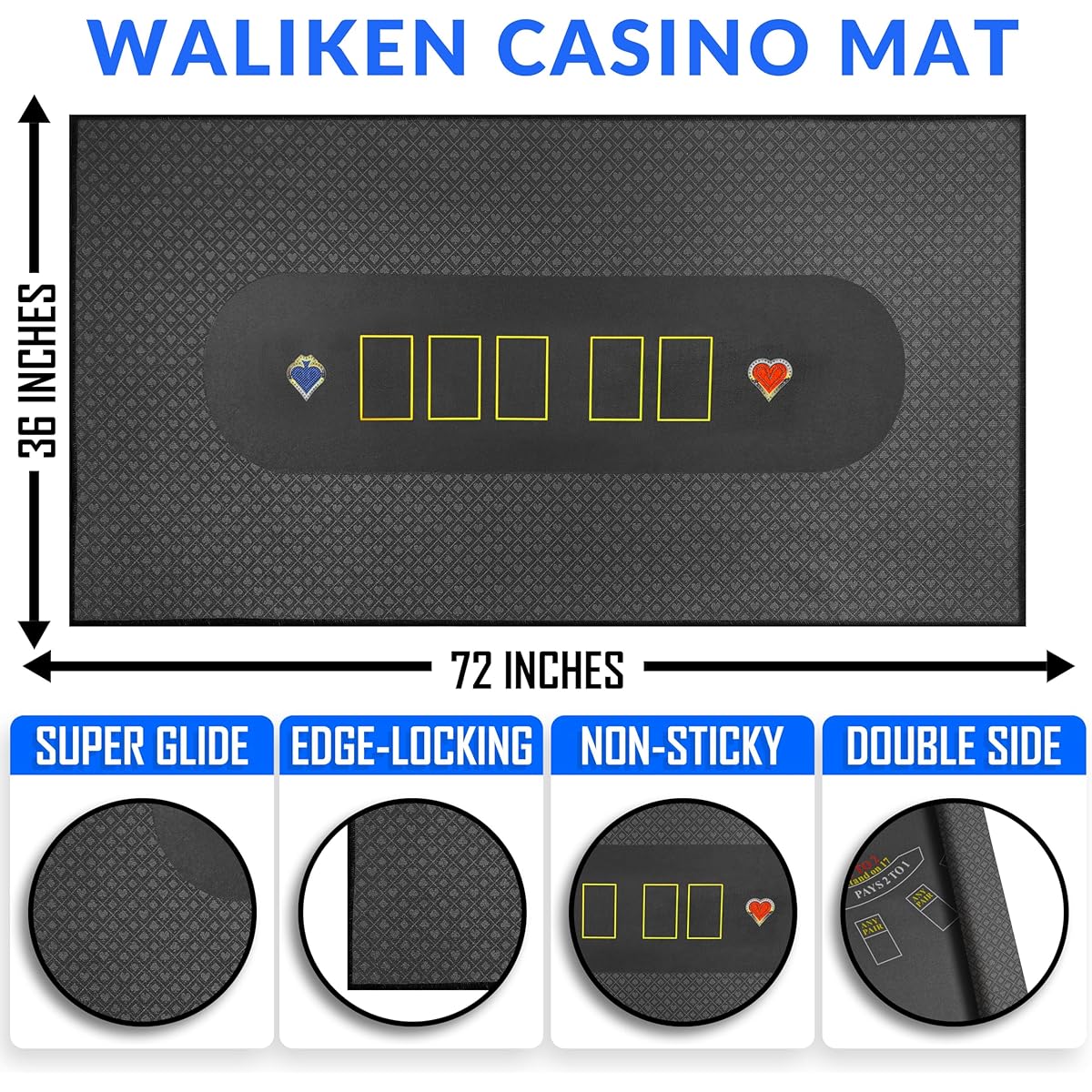 WALIKEN Tabletop Professional Casino Felt Double Sided 36"x72" Texas Hold'em/Blackjack Roulette/Craps Casino Tabletop Felt Layout Mat/Poker Table Speed Cloth