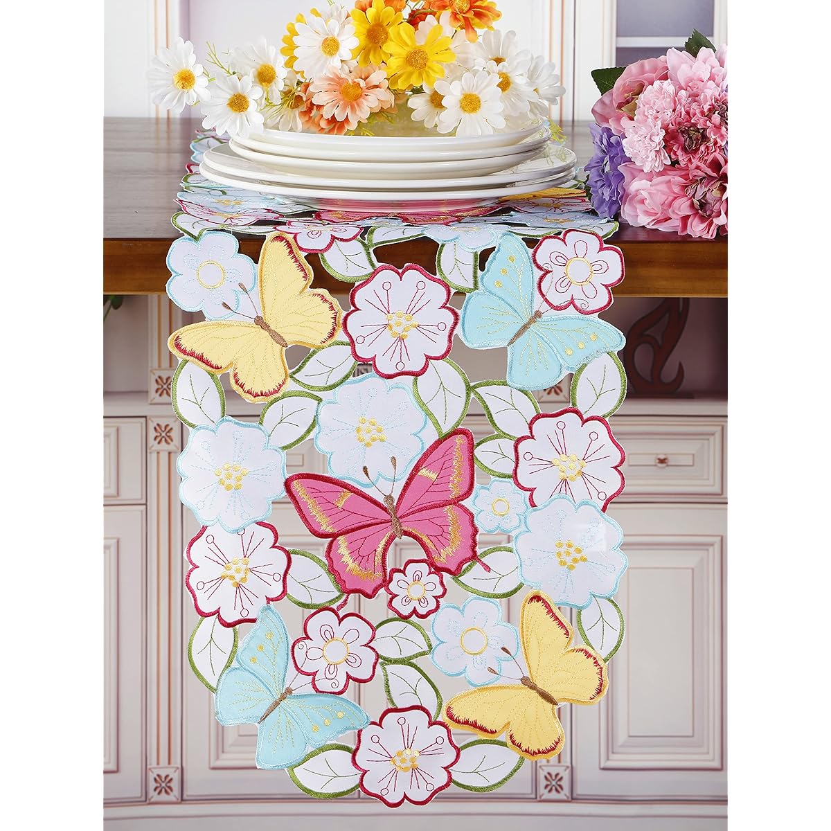 GRANDDECO Easter Spring Butterfly Table Runner Floral Daisy Cutwork Embroidery Flower Table Linen Home Kitchen Dining Tabletop Decor (Table Runner 13" x 83")
