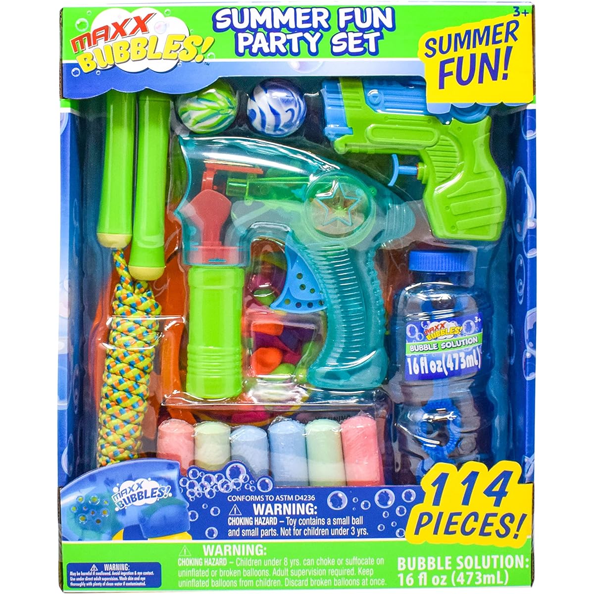 Sunny Days Entertainment Summer Party Set - 114 Pieces Includes Jump Rope, Bubble Blaster, 16oz Bubble Bottle, Squirt Gun, Water Balloons, and More.