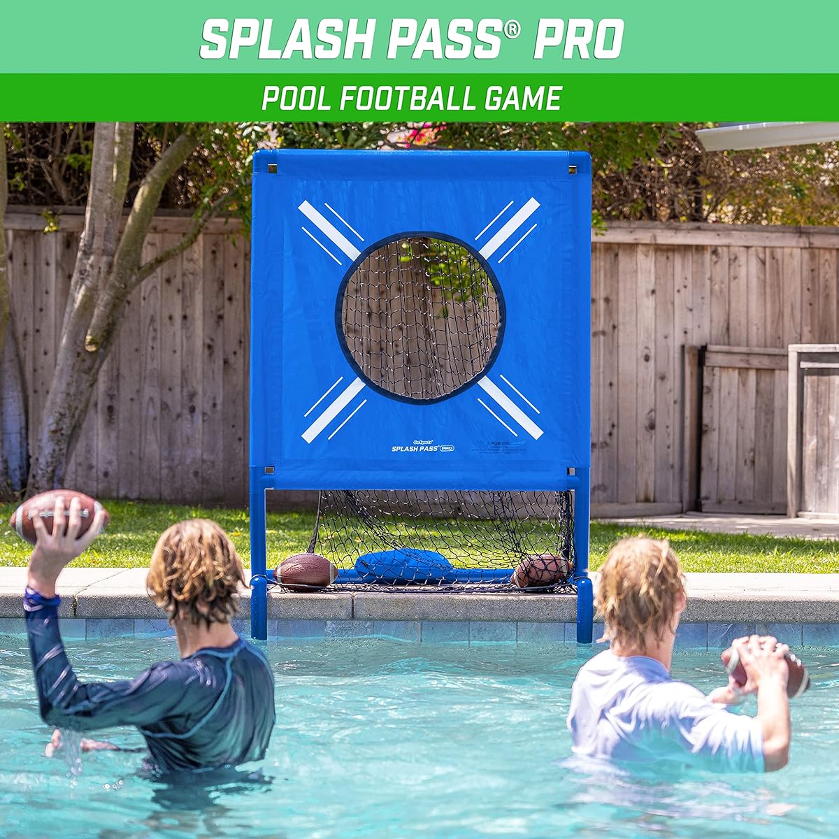 GoSports Splash Pass PRO Pool Football Game - Includes 4 Footballs, 4 Baseballs and Ball Pump