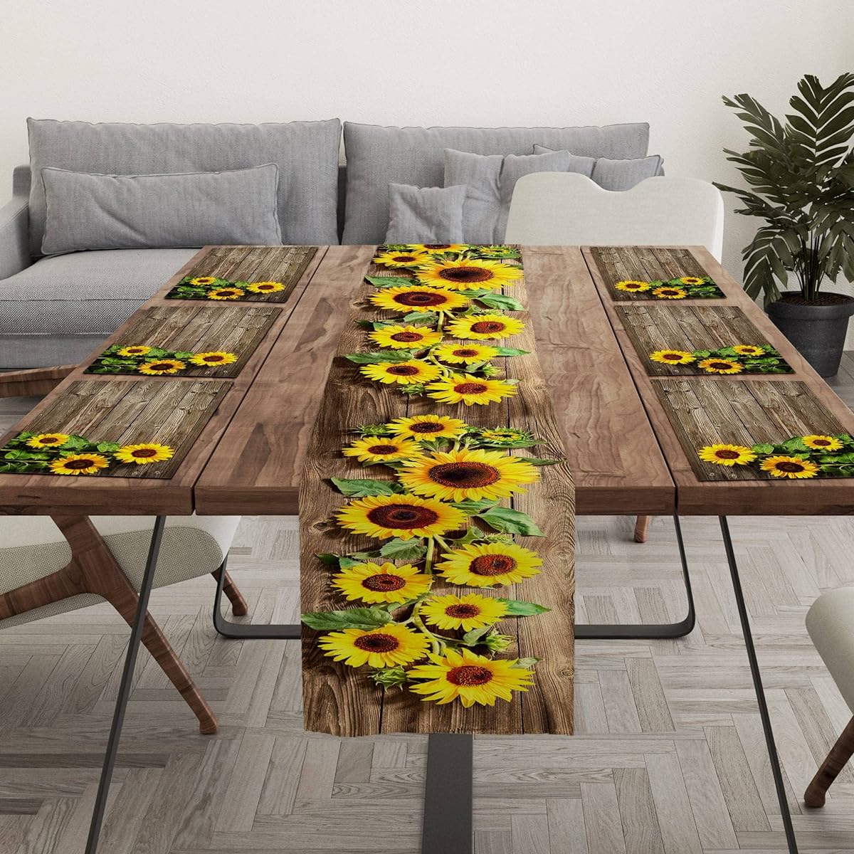 Llsty Sunflower Table Runner Placemats Set of 6 Wooden Sunflower Placemats Cloth Dining Mat Set Floral Pattern Table Runner Home Kitchen Decor 108 Inch Length