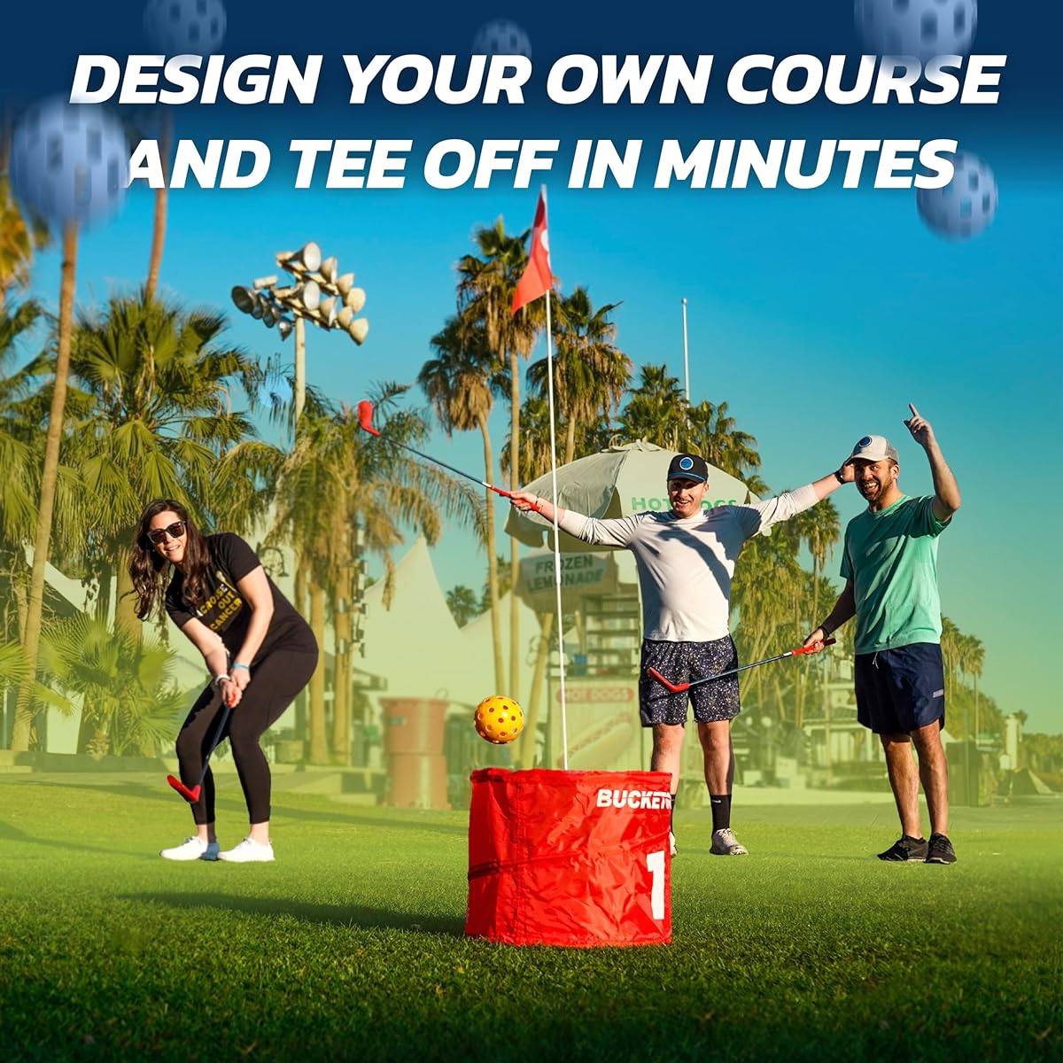 bucketgolf game 3 hole starter set - outdoor yard golf game level family adult kids party lawn camping beach