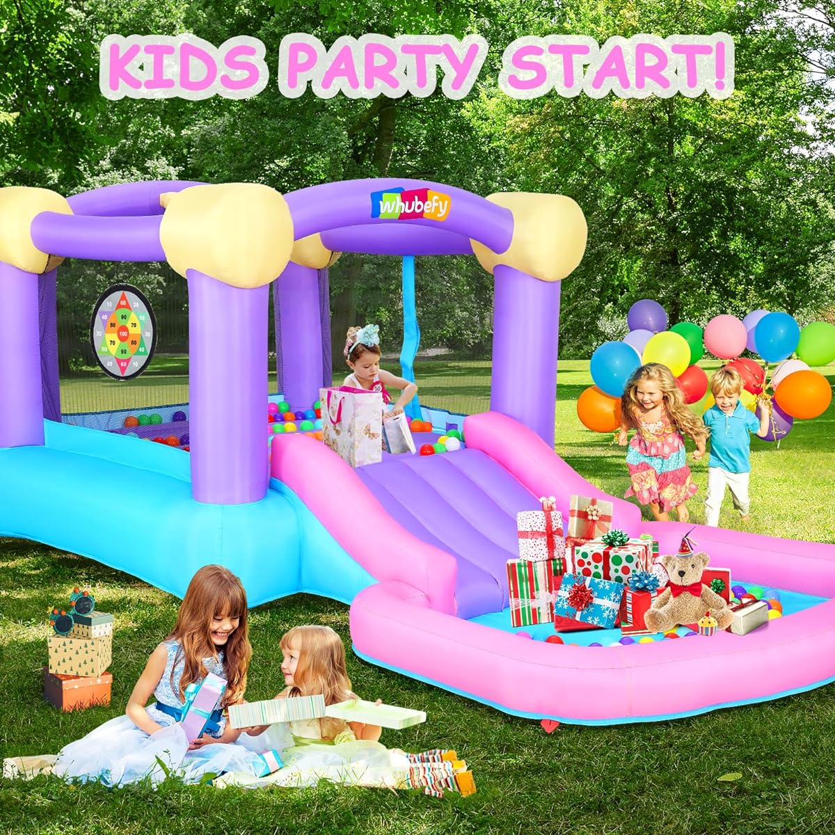 Whubefy Inflatable Bounce House for Kids Age 2-6 with 470W Blower, 5-in-1 Jumping Castle, Wide Slide, Ball Pit Pool, Dart Target Game, 6 Sticky Balls, Basketball Hoop for Indoor Outdoor Backyard Party