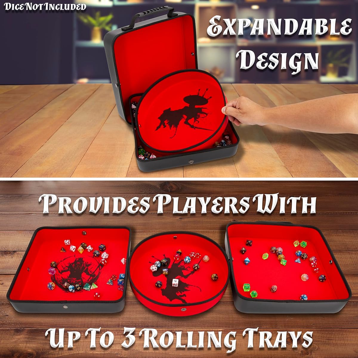 CASEMATIX XL Dice Tray and DND Dice Holder Travel Case for up to 700 RPG Dice Extended Design 3 Dice Rolling Tray Arena Embossed PU Leather Exterior Printed Dice Tray