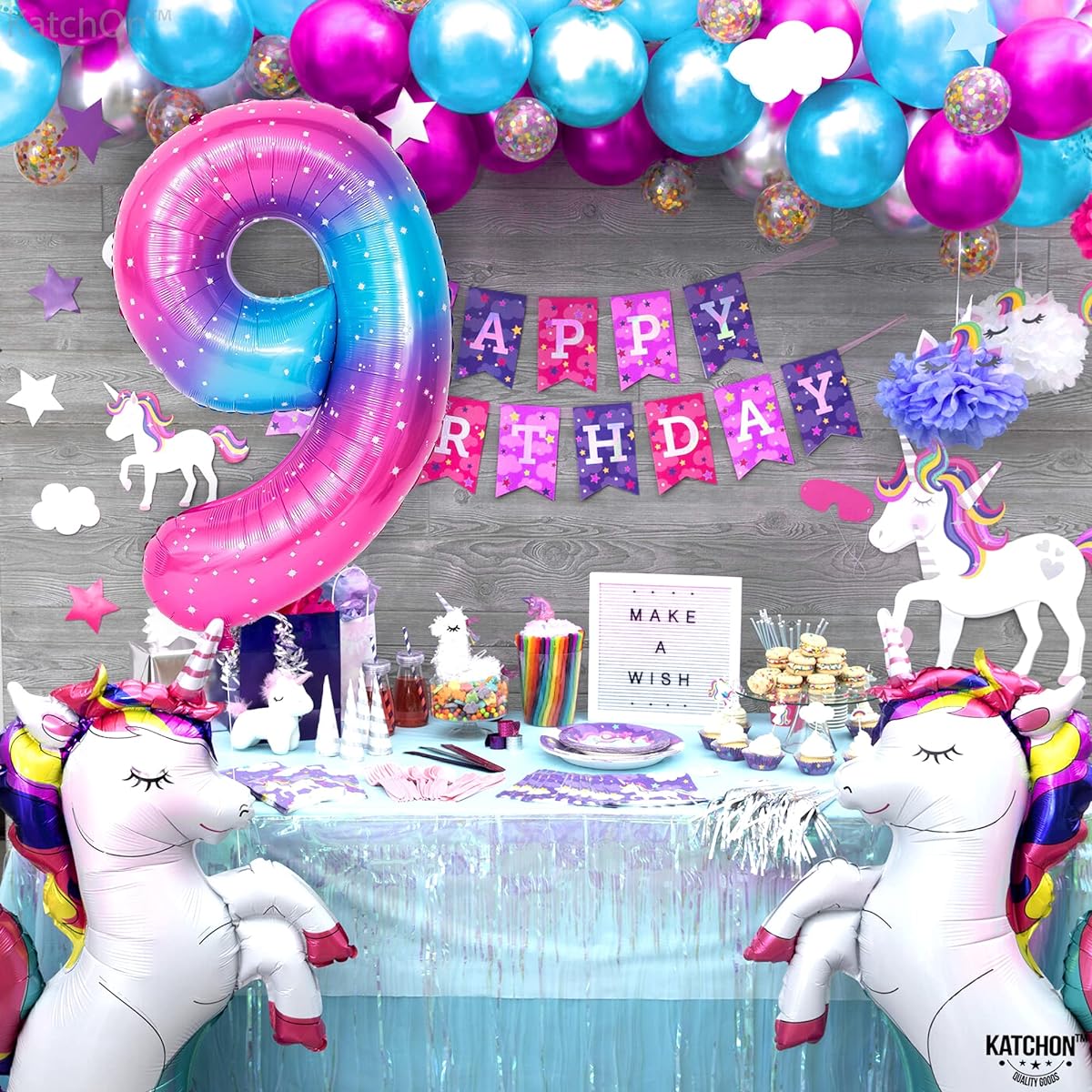 KatchOn Rainbow 9 Balloon Number - 40 Inch | Pink Blue Number 9 Balloons | 9th Birthday Decorations Cloud 9 Birthday Decorations for Girls | 9 Birthday Balloons for Girls Galaxy Number 9 Balloons