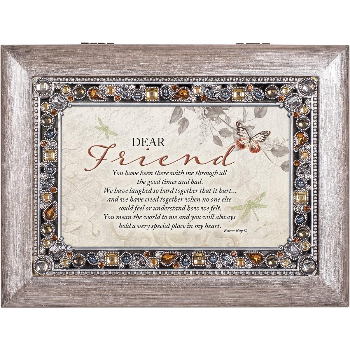 Cottage Garden Dear Friend Place in Heart Brushed Pewter Jeweled Music Box That's What Friends are for