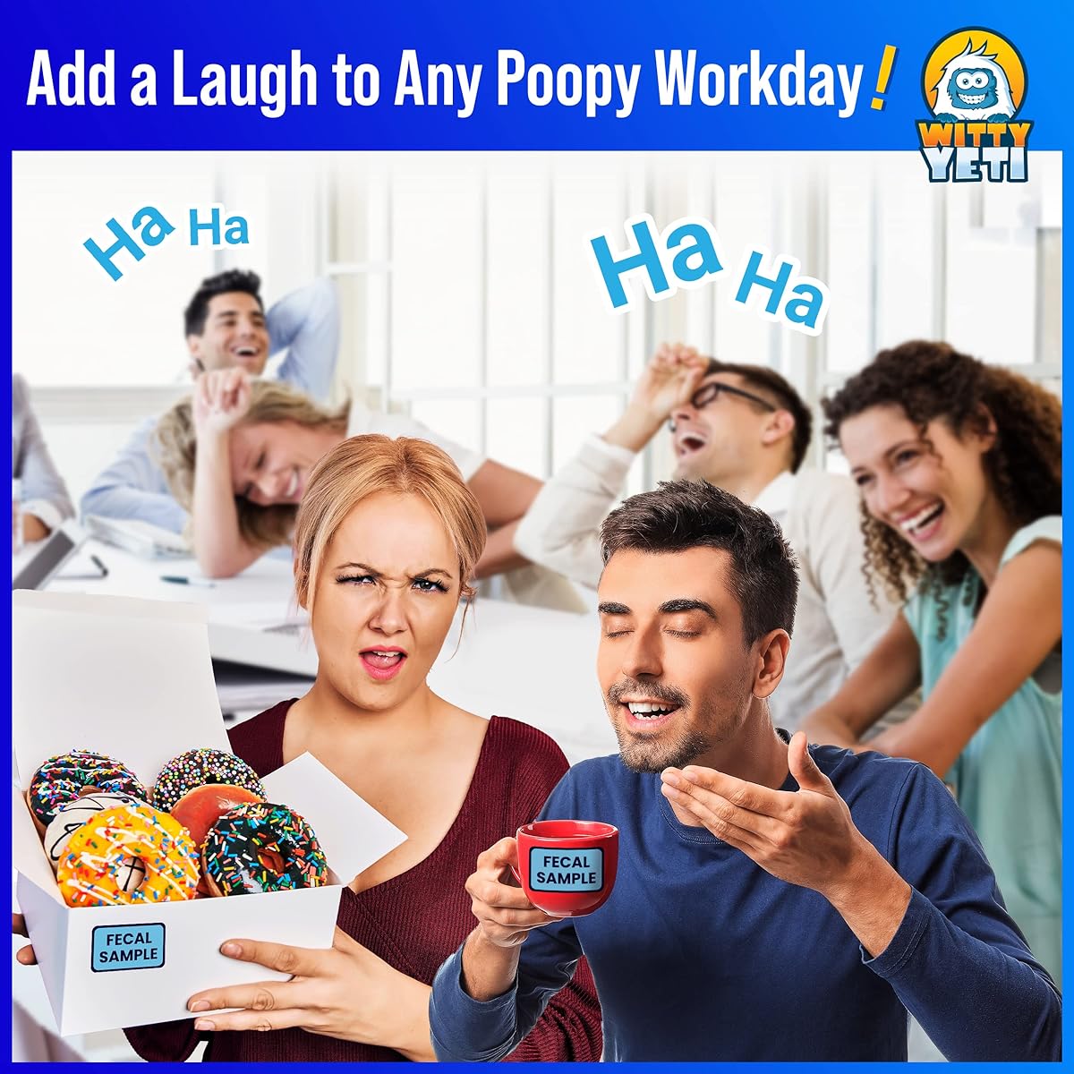 Hilarious 25 Pack Mail Sample Stickers 1.4" x 2.5" Blue Decal Set Protect your lunch, label random objects, and spread hilarious. Funny gag gift and practical joke idea. Novelty stocking stuffer