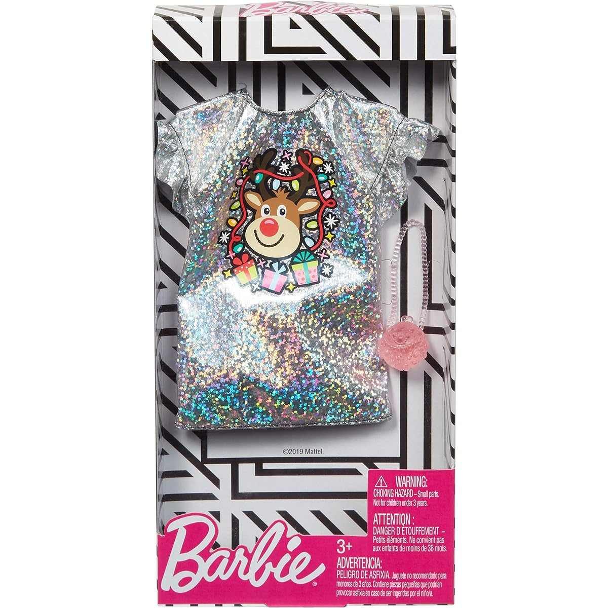 Barbie Holiday Fashion Assortment of Doll Clothes, Complete Outfit Dolls with Silvery Dress with Rudolph Graphic & Purse, Gift for 3 to 8 Year Olds