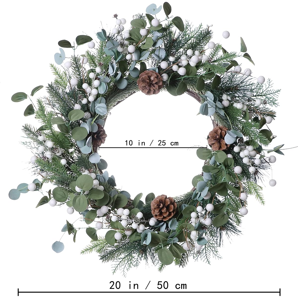 J'FLORU Christmas Wreath for Entryway, 20" Christmas Wreath with White Berries, Pine Cones and Pine Needles for Front Door Wall Window and Christmas Decorations