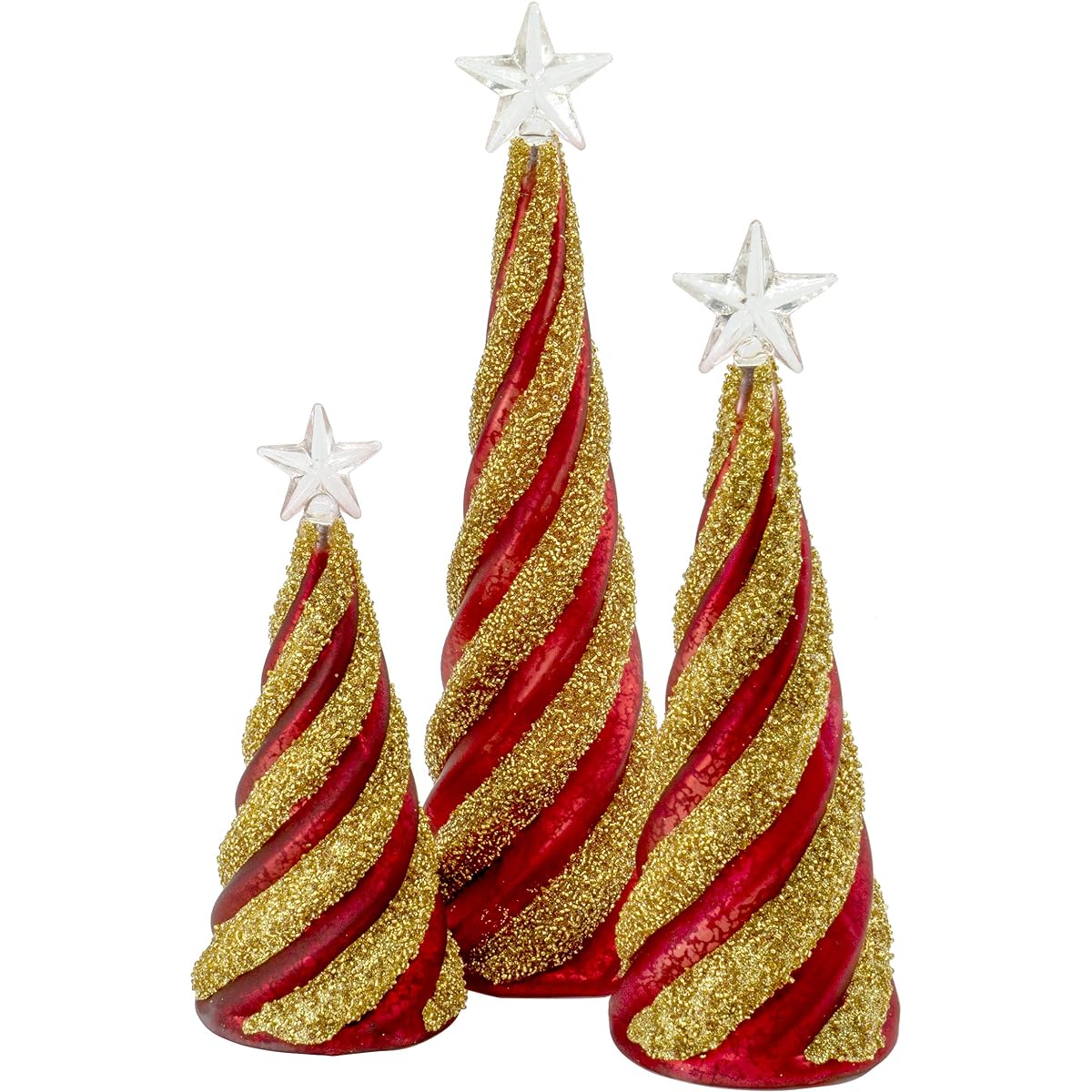 Red Co. Glass Christmas Tree Ornaments Gold and Red Light Up Holiday Season Decoration 11" 9.5" 8" Set of 3