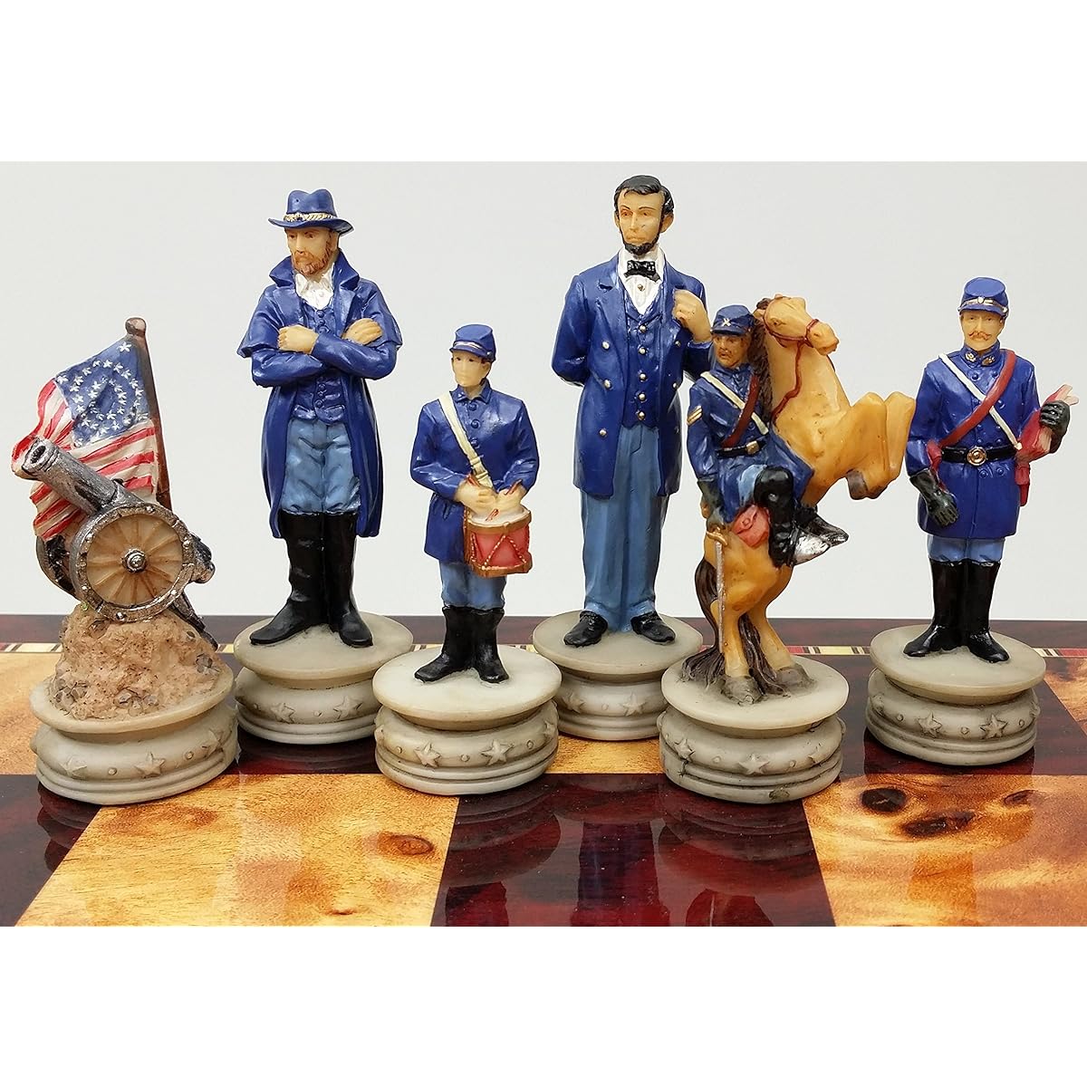 US American Civil War Chess Set W/ 17" High Cherry & Burlwood Color Gloss Storage Board