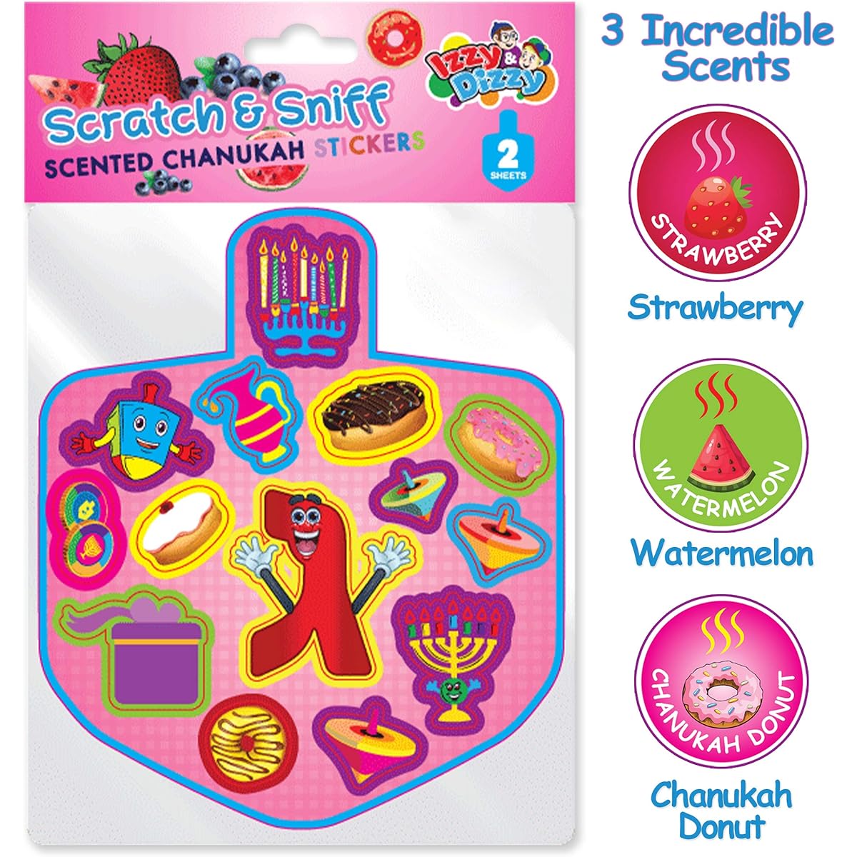 Izzy 'n' Dizzy Chanukah Scented Stickers - 2 Sheets Scratch and Scent Chanukah Stickers for Kids, 4 Pack