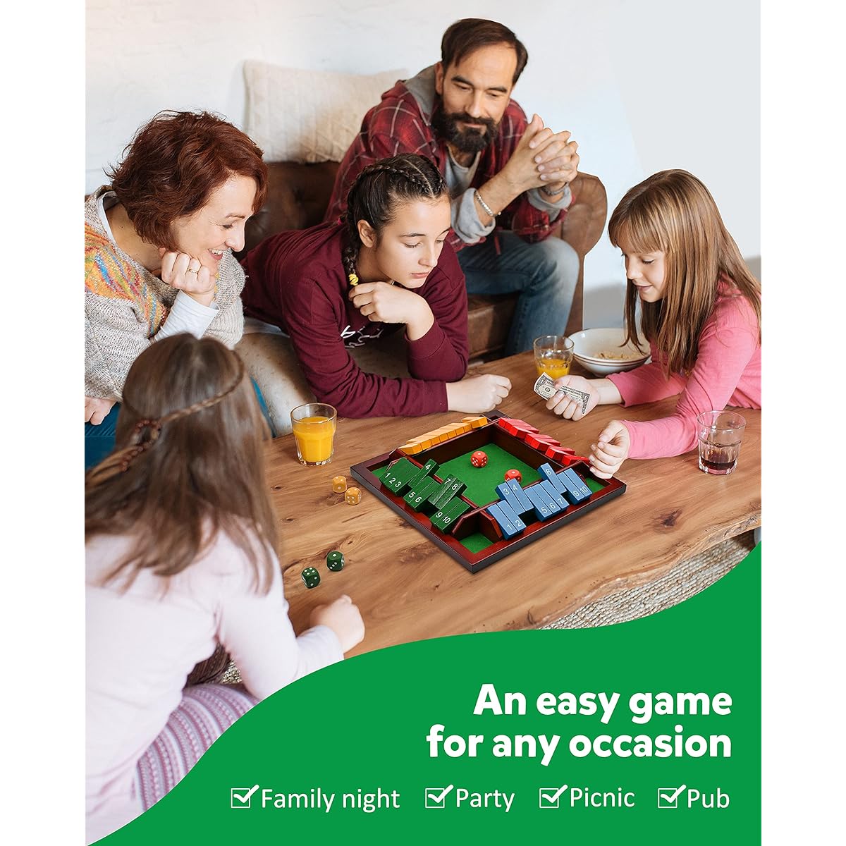 Coogam Shut The Box Dice Game Wooden Board Math Game Family Pub Bar 1-4 Players with 10 Color Dice for Adults Kids 3 4 5