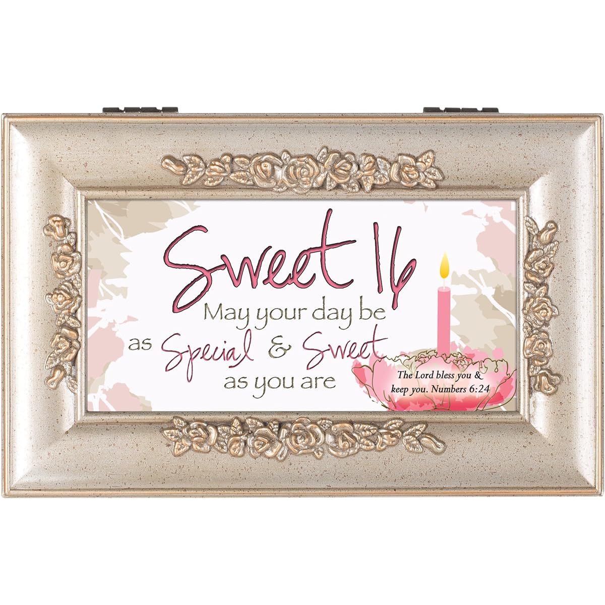 Cottage Garden Sweet Sixteen Your Day Be Special Silver Tone Embossed Jewelry Music Box Amazing Grace