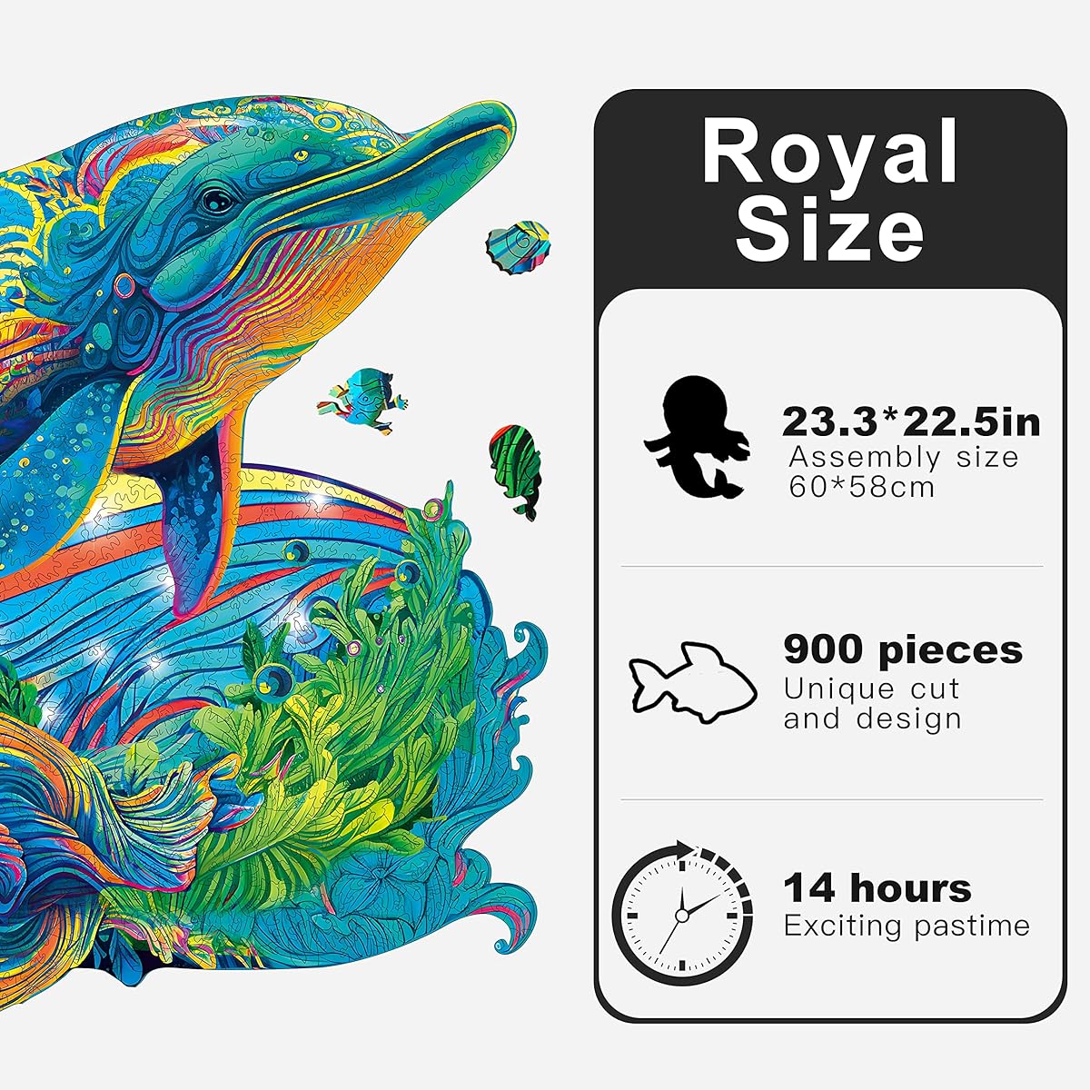 MYS Aurora Unique Wooden Jigsaw Puzzle - Present Dolphins 900 Pieces Royal Size 23.3" x 22.5" Luxury Animal Shape Wooden Puzzle Beautifully Packaged Great Gift for Adults and Kids Family Game