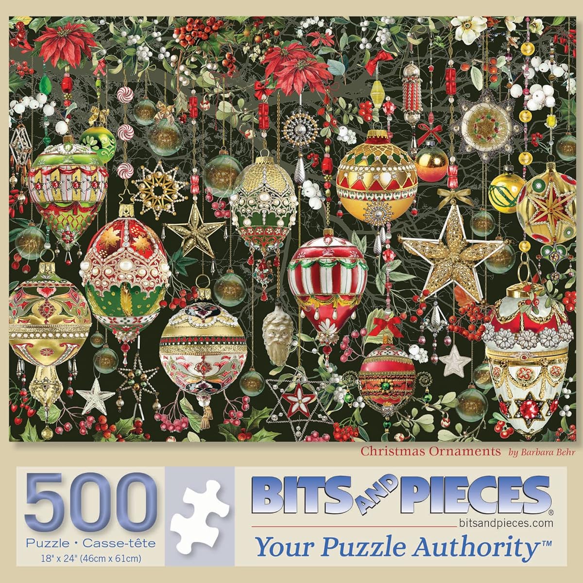 Bits and Pieces - 500 Piece Jigsaw Puzzle for Adults 18" x 24" - Christmas Ornaments - 500 Piece Holiday Tree Decorations Flowers Stars Winter Jigsaw Puzzle by Artist Barbara Behr