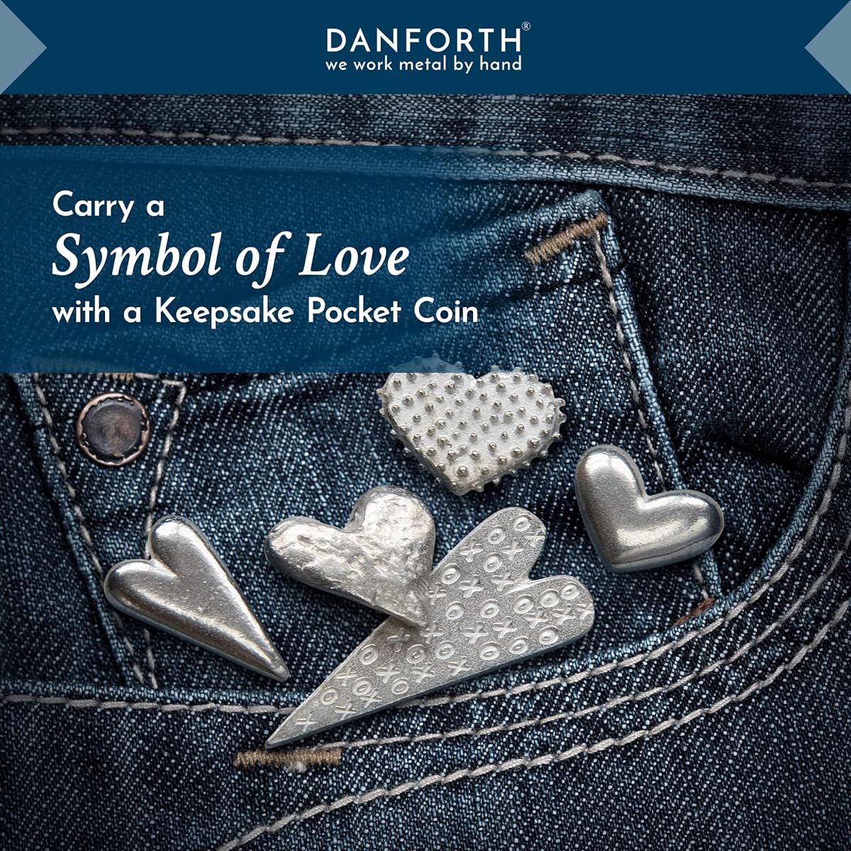 DANFORTH - Vilmain Assorted Pewter Heart Pocket Tokens/Coins, Pewter, Made in the USA, Gift Bag (Pack of 50)