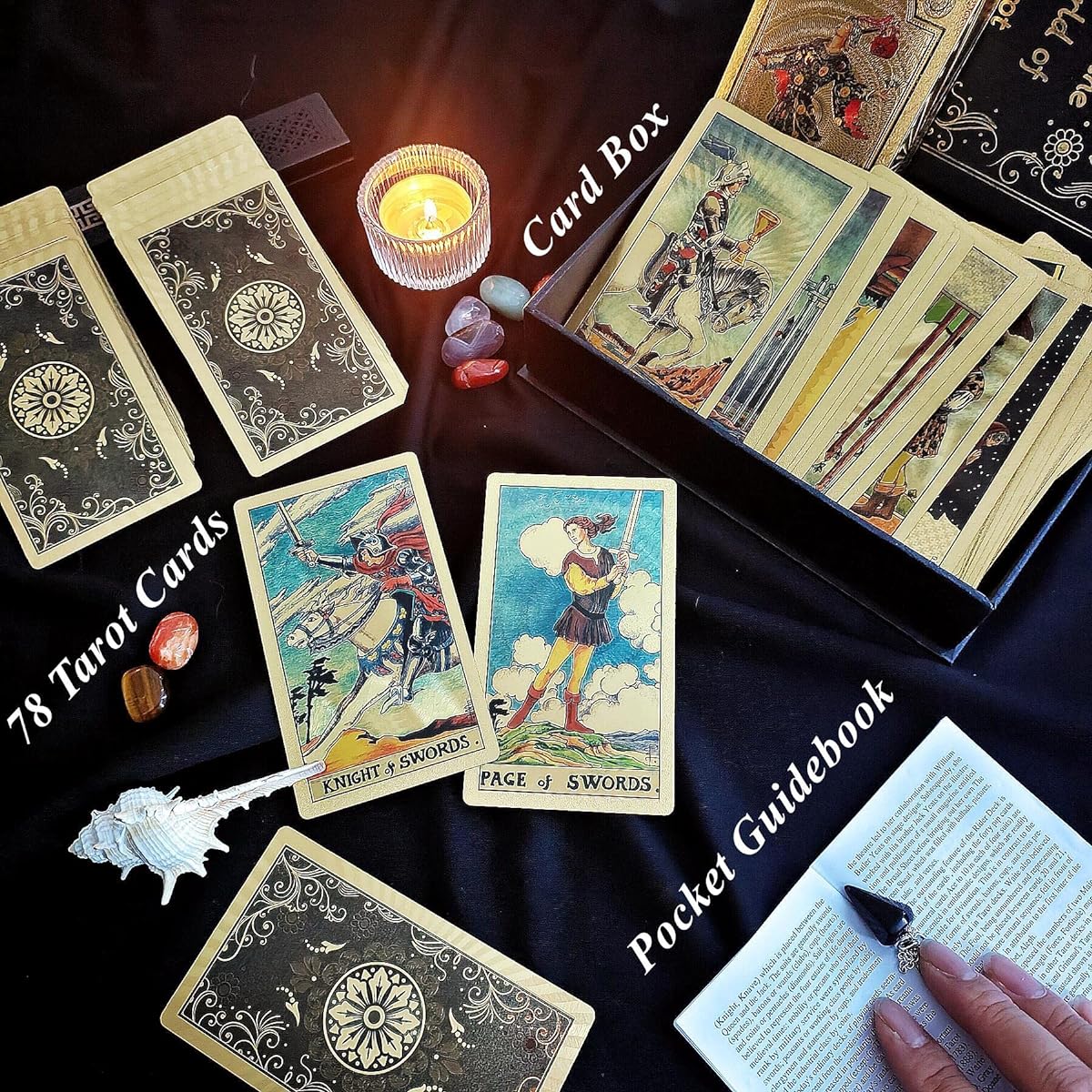 KLKOKVKE Tarot Card Set for Beginners with Guidebook Meaning PVC Waterproof with Card Holder Table Mat 7 Chakra Stones with Crystal Pendulum (Black Gold 05)