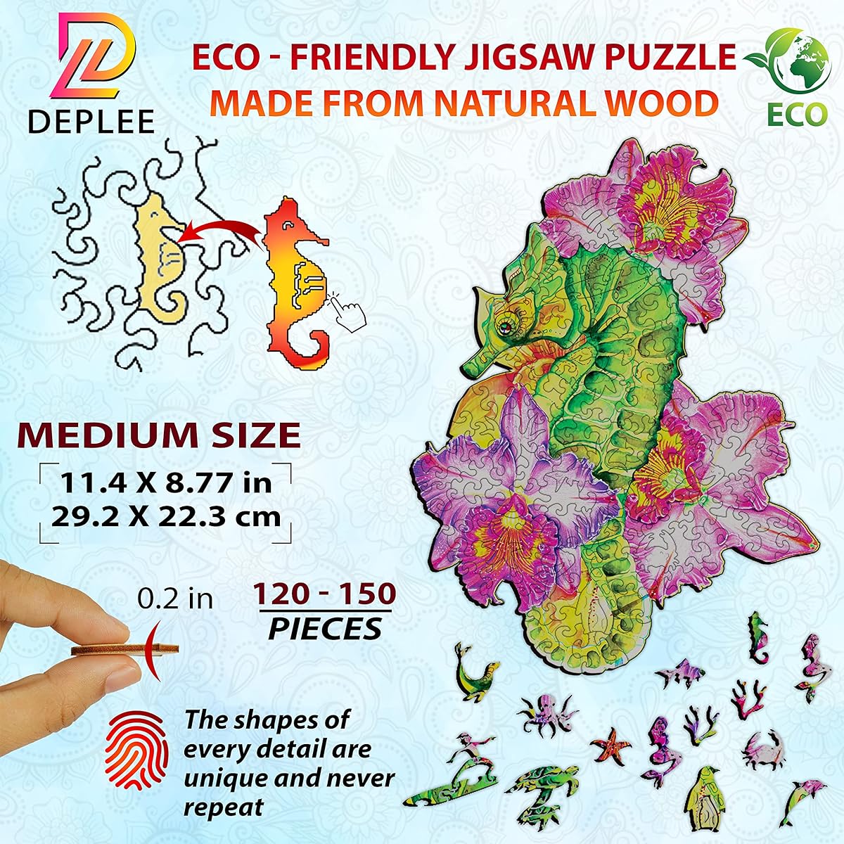 DEPLEE Wooden Puzzle for Adults Capo Campus Wooden Jigsaw Puzzle Uniquely Shaped Wooden Animal Puzzle Creative Challenge for Adults, Family and Friends | 120-150 Pieces – 11.4x8.7" (19.2x8.75") | Medium