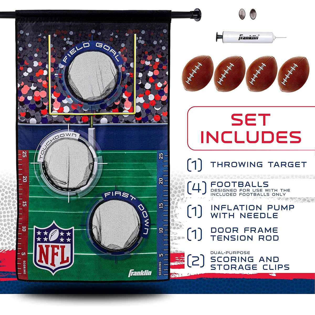 Franklin Sports NFL Mini Football Toss Target Game - NFL Door Jam Football Target for Over the Door + (4) Mini Football Set - 3 Hole Football Toss Game for All Ages - Passing Practice + Aiming
