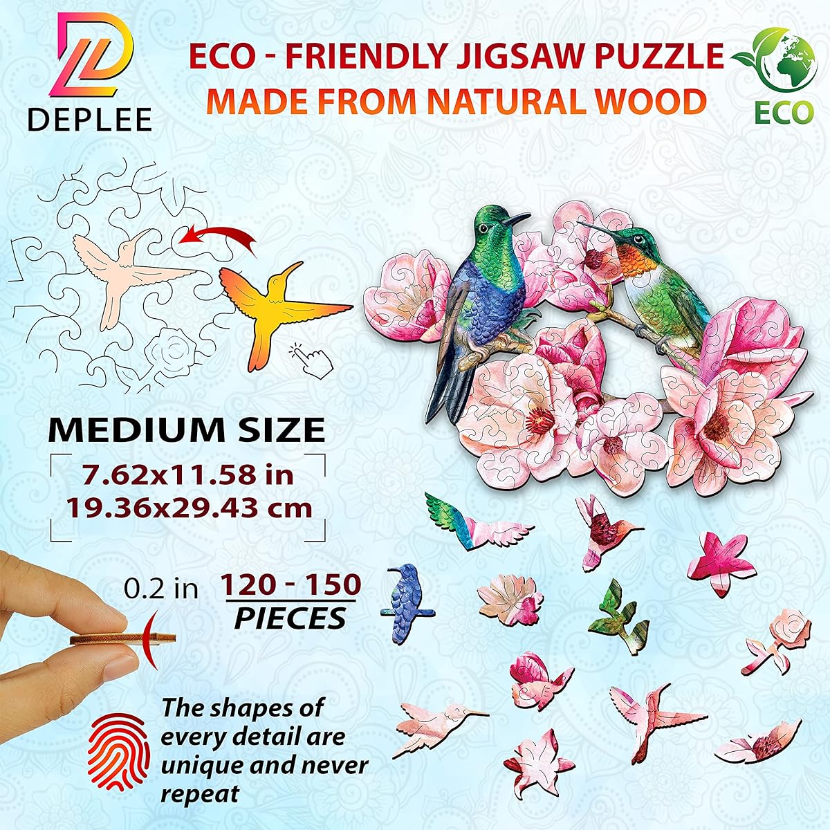 DEPLEE Adult Wooden Puzzle Hummingbird Wooden Jigsaw Puzzle Valentine Puzzle Unique Shape Wooden Animal Puzzle Creative Challenge for Adults, Family and Friends | 120-150 Pieces - 7.6x11.6 Inch | Medium Size