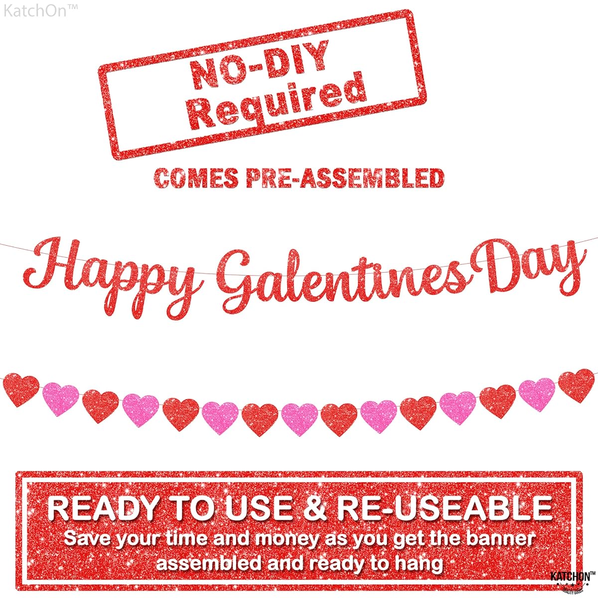 Red Glitter Happy Galentine's Day Banner - 10ft No DIY | Heart Garland Banner | Valentine's Day Decorations | Valentine Garland Valentine's Day Garland Party Decorations | Galentine's Day Decorations