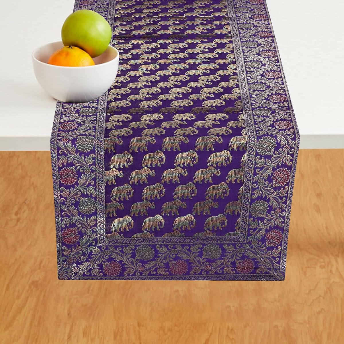 Blue Indian Elephant Silk Table Runner