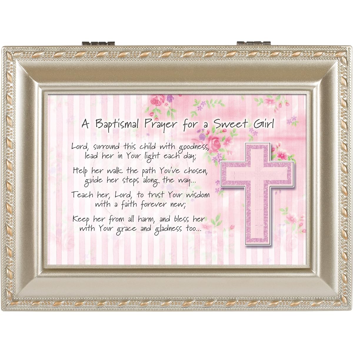 Baptismal Prayer Girl Pink Champagne Silver Finish Music Jewelry Box Plays Jesus Loves Me