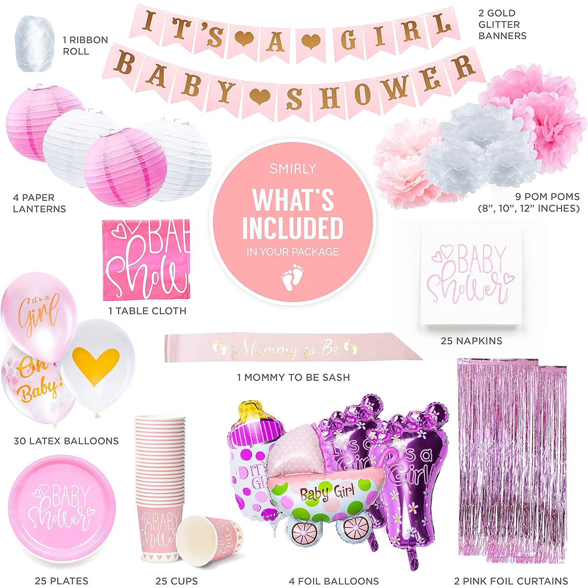 Baby Shower Decorations Kit for Girls: Pink, White, Champagne Gold Party Decor - Girl Banner, Balloons, Tissue Paper Poms, Hanging Lantern Decorations Bundle - Includes Sash and Tiara