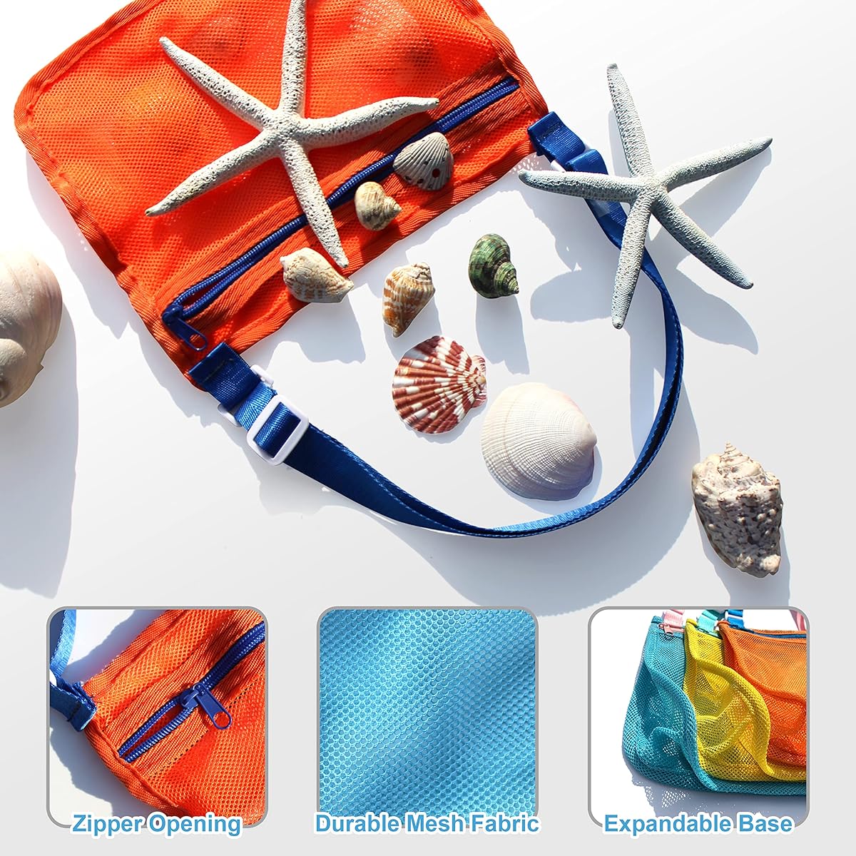 Beach Toy Bags - Colorful Mesh Seashell Bags - Shell Collecting Bags with Adjustable Carry Straps, Zipper and Expandable Bottom - Perfect for Shell Hunting in the Sand (3 Pack), Orange and Blue, Yellow and Blue, Blue and Pink.