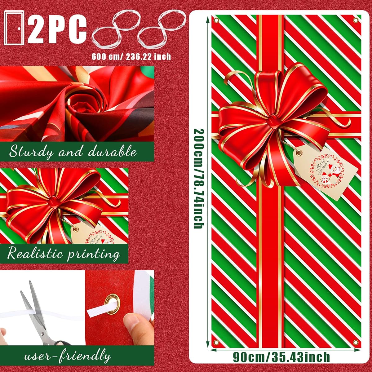 Tudomro Christmas Door Cover Decoration Christmas Bow Photography Backdrop Polyester Holiday Background Ribbon Banner for Indoor Outdoor Decoration Christmas Party Supplies 35.4 x 78.7 Inch