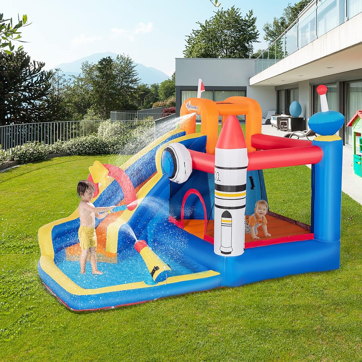 Outsunny 5-in-1 Backyard Inflatable Bounce House with Slide/Climbing Wall/Water Gun and More Inflatable Water Slide 2 Minute Inflation Large Outdoor Game for Birthday Party Activities