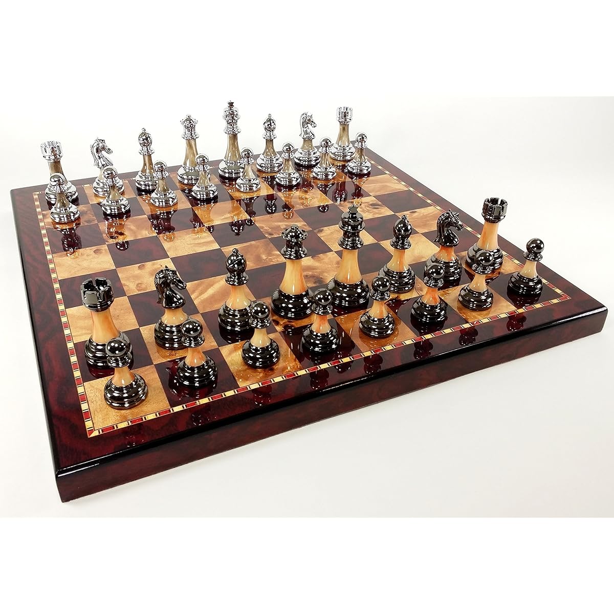 Staunton Chrome & Black Chess Men's Set W 18" Gloss Cherry Color Board