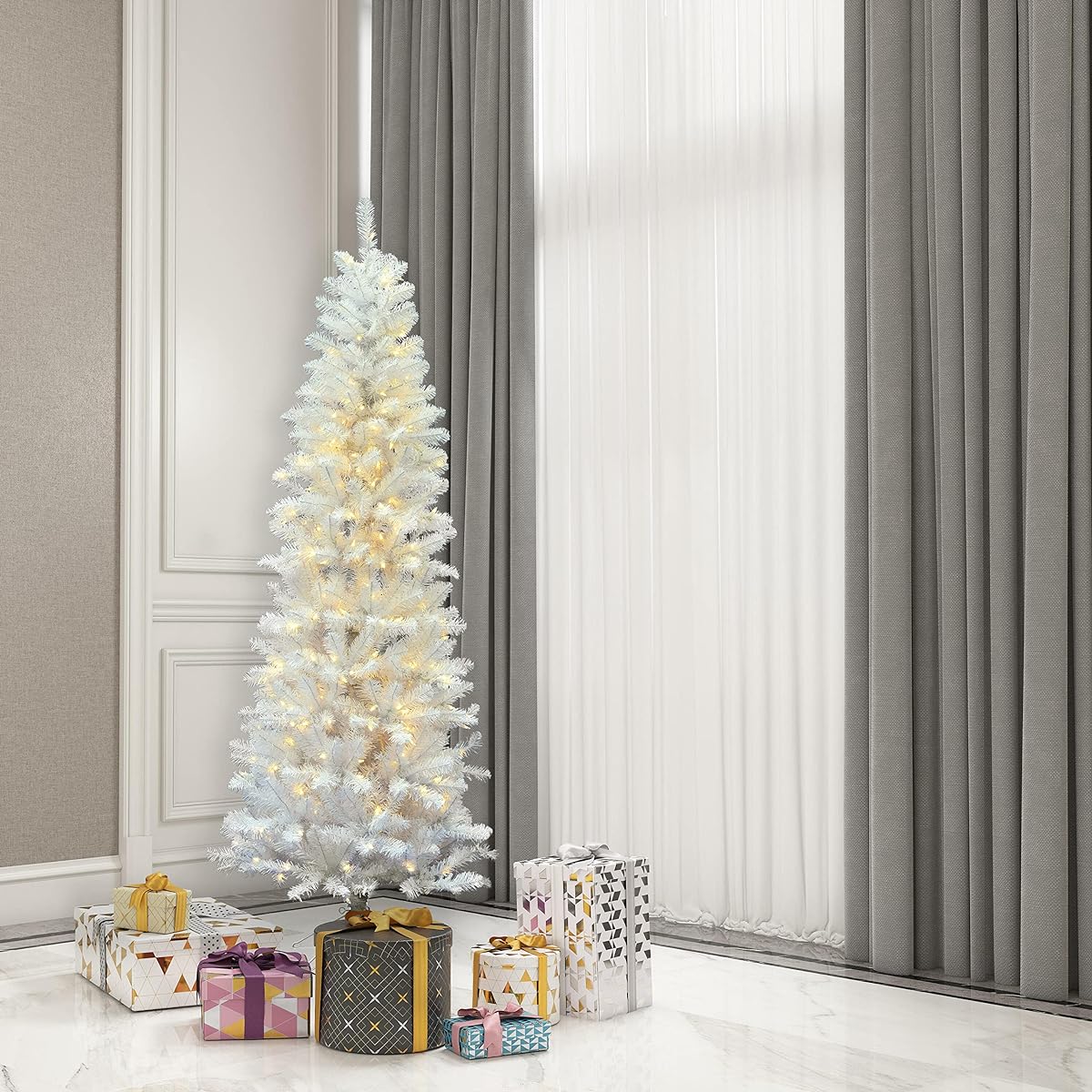 Vickerman 5.5ft White Salem Pencil Pine Artificial Christmas Tree - Pure White with Duralight LED Lights - Faux Salem Pine Christmas Tree for Seasonal Indoor Decor