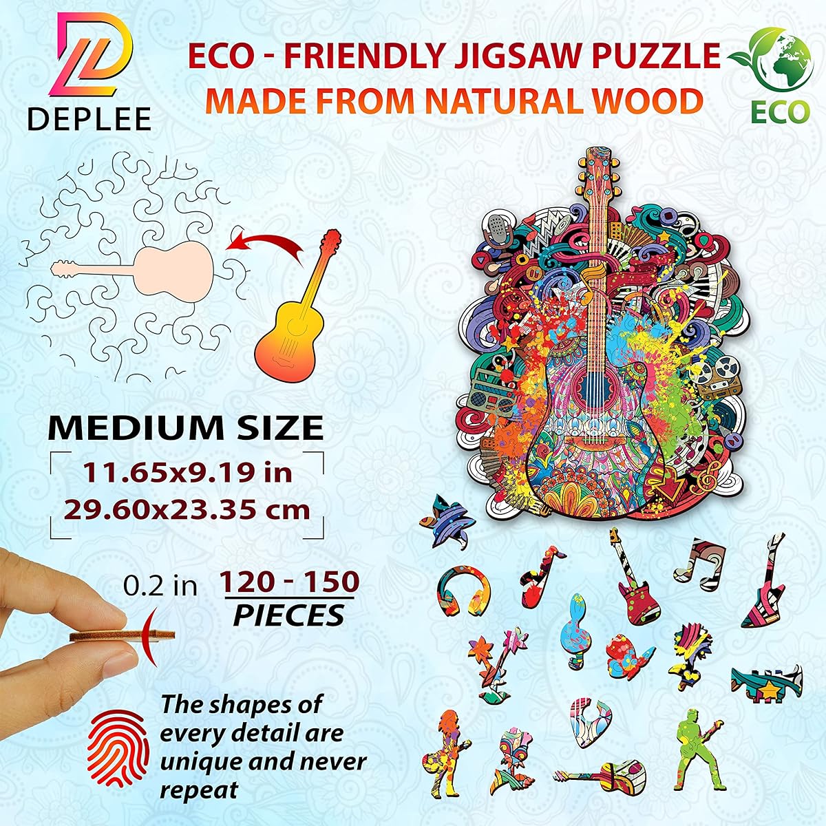 DEPLEE Wooden Puzzles for Adults Guitar Wooden Jigsaw Puzzle Unique Shape Wooden Animal Puzzle Creative Challenge for Adults/Family/Friends | 162 Pieces – 11.6x9.2 Inch | Medium Size
