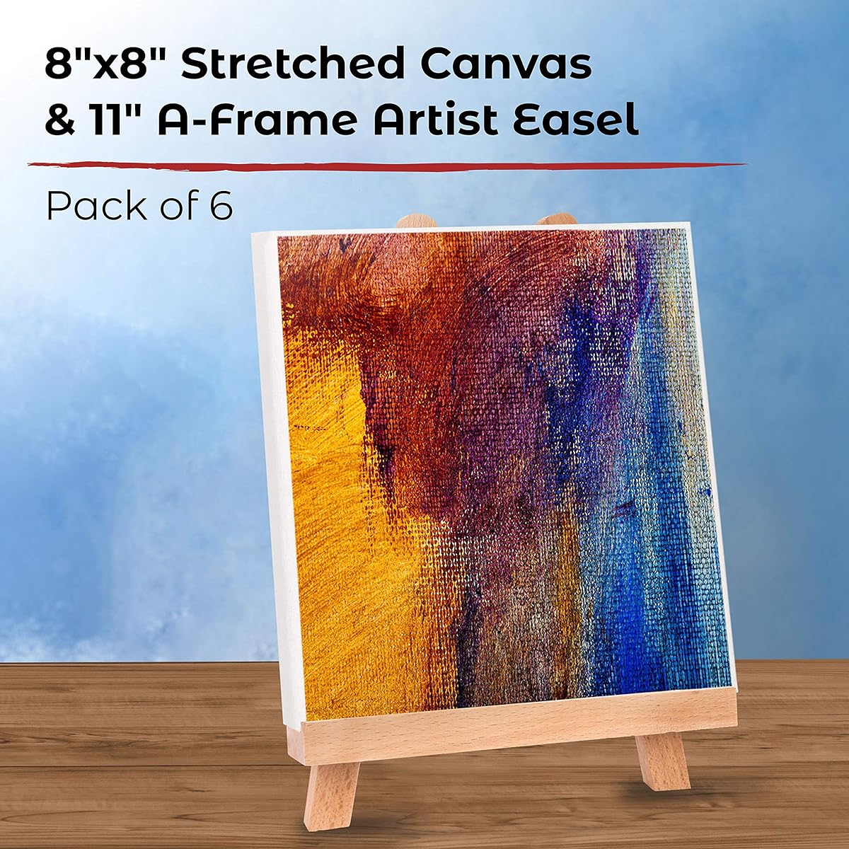 Academy Art Supply Stretched Canvas (20.32cm x 20.32cm) and 27.94cm A-Frame Artist Easel for All Ages Paintings and Kids Crafts, Table Top Display Stand with Tripod (6 Pack)