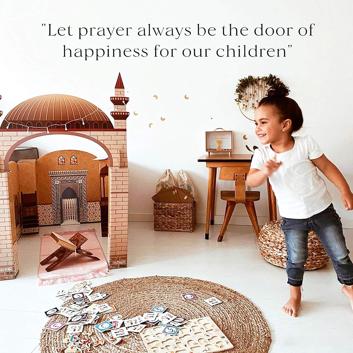 My Portable Cardboard Playhouse Maskid for Muslim Kids Educational Interactive Toy Prayer Quran Book Prayer Muslim Prayer Mat/Rug/Carpet for Teaching Salah Best Islamic Gifts for Kids