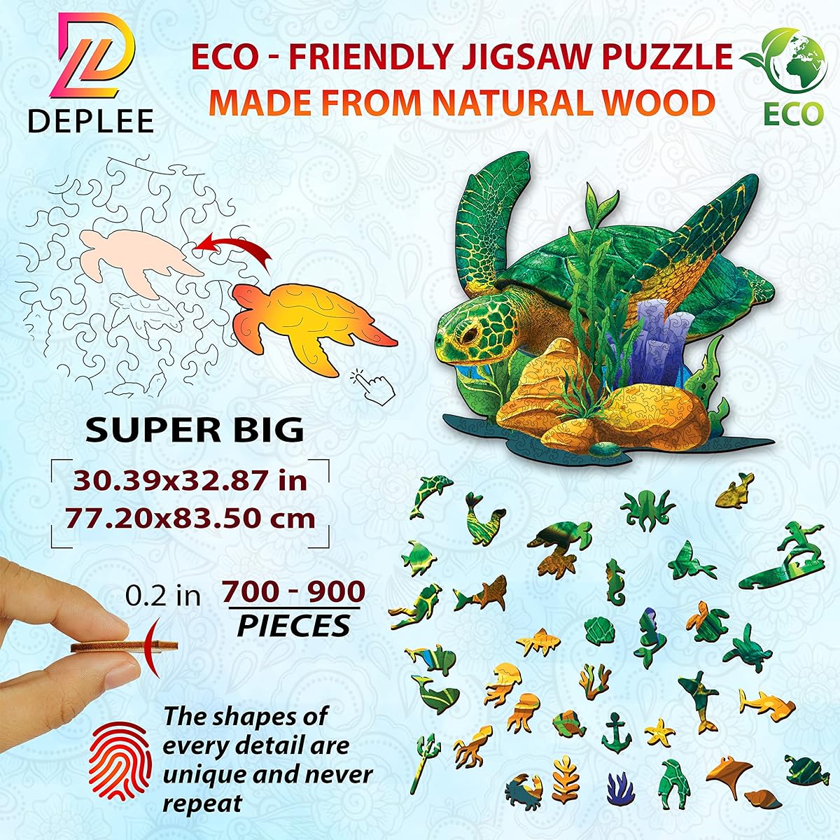 DEPLEE Adult Wooden Puzzle Turtle Wooden Jigsaw Puzzle Unique Shape Wooden Animal Puzzle Creative Challenge for Adults Family Friends 700-900 Pieces 32 Inch Super Big