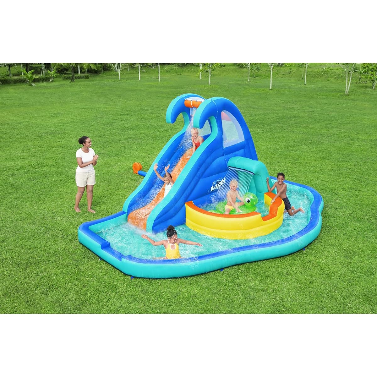 Bestway H2OGO! 53404E-BW Wavetastic 16' Tall Kids Inflatable Water Park with Turtle Pool Ride, Wave Pool and Splash Pad - Blue & Orange