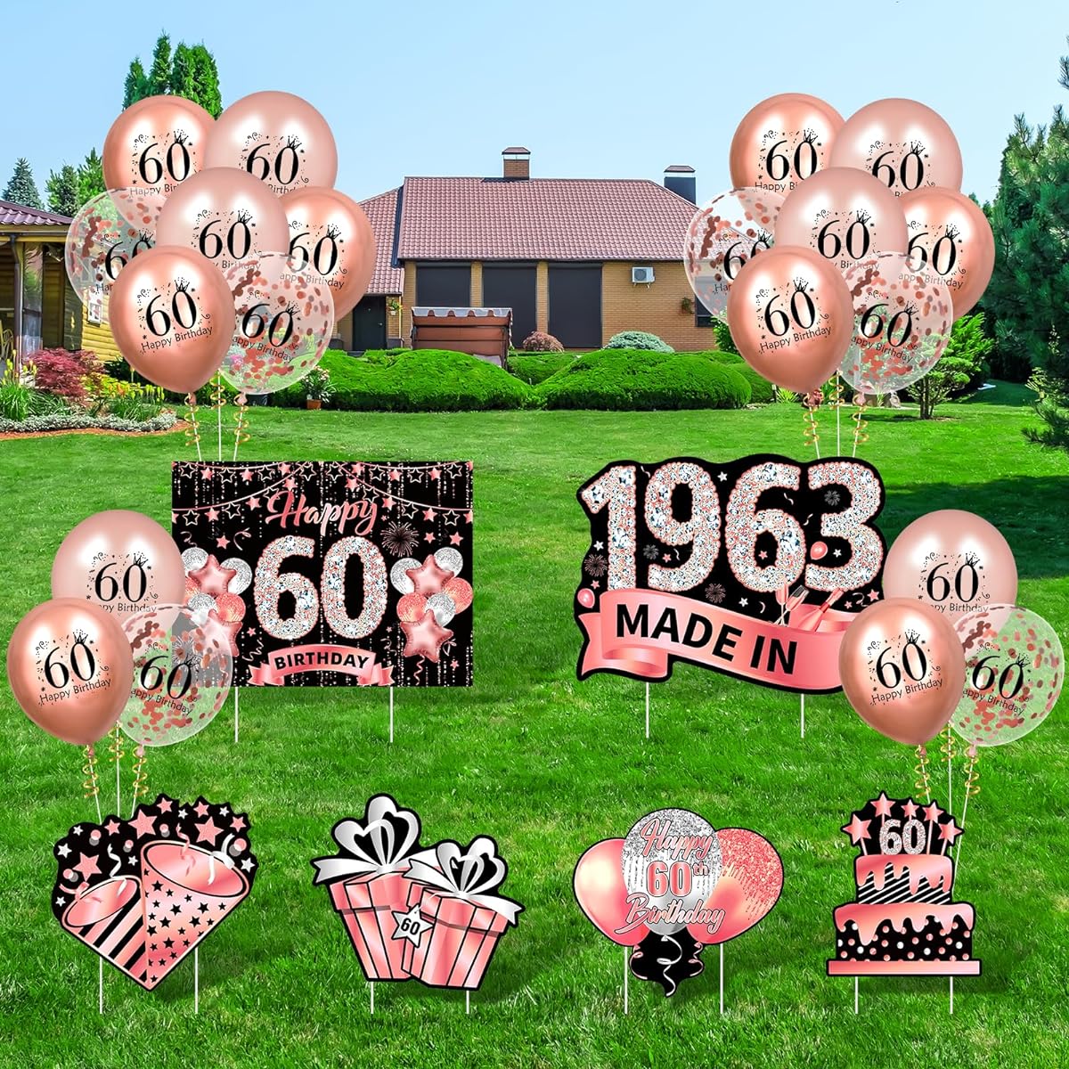 Rose Gold 60th Birthday Decorations for Women 60th Birthday Yard Sign 1963 Lawn Sign & 18 Pieces Rose Gold 60th Birthday Balloons 60th Party Anniversary Outdoor Decor Supplies