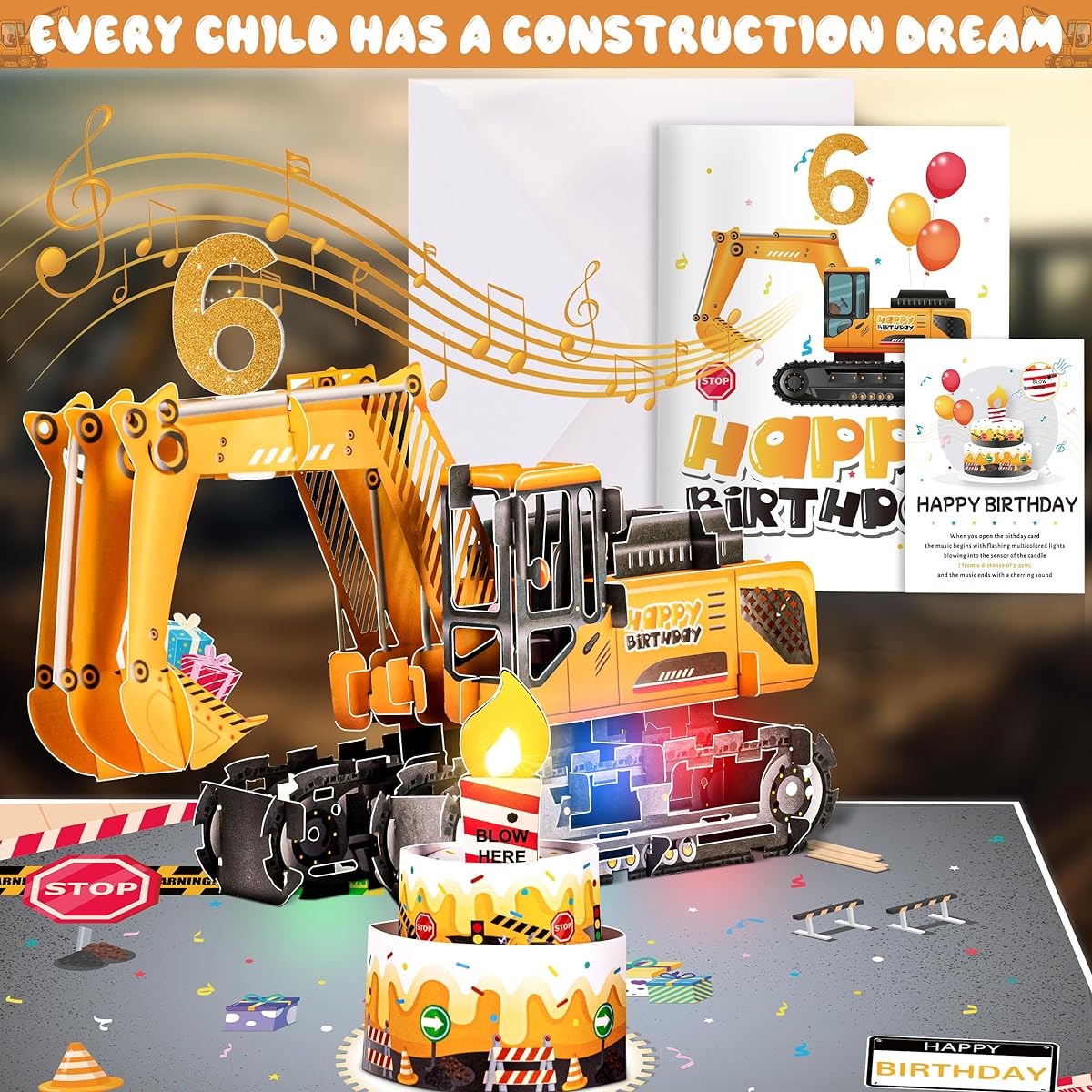 JMPOY Excavator 3D Pop Up Birthday Card with Lights, Blowout Candles, Happy Birthday Song, Funny Construction Vehicle Greeting Card for 6 Year Old Kids/Boys/Grandchildren with Envelope