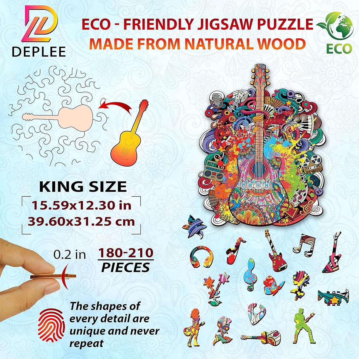 DEPLEE Wooden Puzzles for Adults Guitar Wooden Jigsaw Puzzle Unique Shape Wooden Animal Puzzle Creative Challenge for Adults/Family/Friends | 262 Pieces – 6.6 x 12.3 Inch (39.6x31.2cm) | King