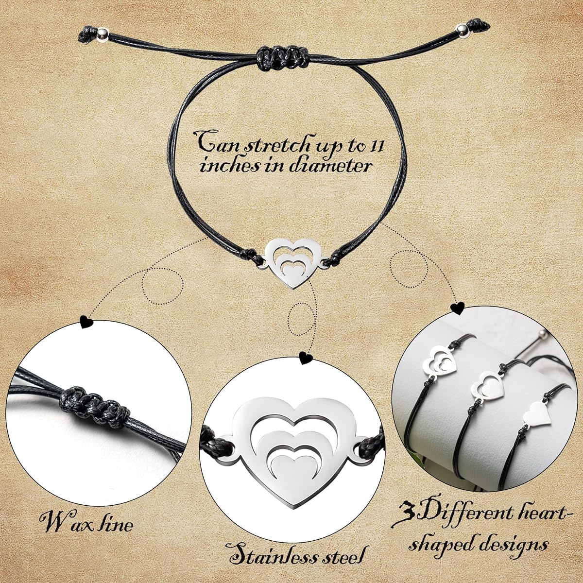 B1ykin 3 Piece Generation Bracelet Grandmother Mother Granddaughter Gift Adjustable Matching Cutout Heart Wish Bracelet Memoment Jewelry Set Women Gift Birthday Christmas Thanksgiving Mother's Day, Diamond