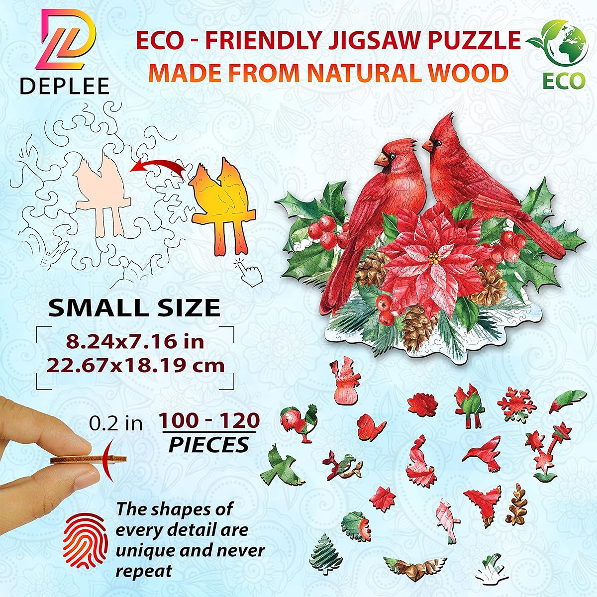 DEPLEE Wooden Puzzle for Adults Poinsettia Cardinal Wooden Jigsaw Puzzle Unique Shape Wooden Animal Puzzle Creative Challenge for Adults Family Friends 80~110 Pieces 8.2 x 7.1 Inch Small Size