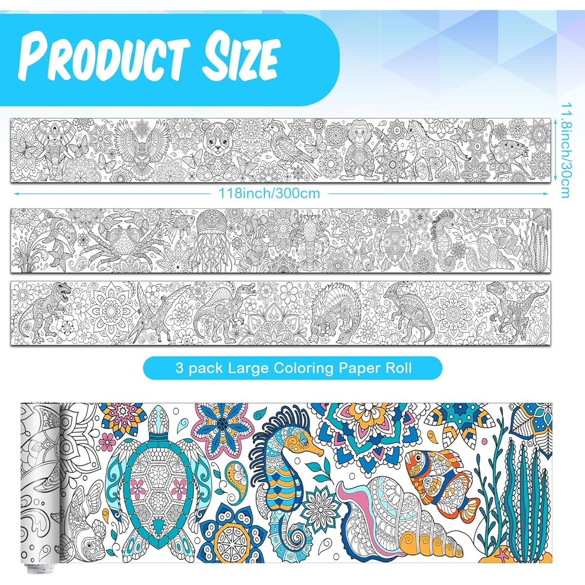 Pasimy Giant Coloring Poster Mandala Animals Jumbo DIY Construction Paper Large Coloring Sheet Large Mandala Coloring Book for Adults Kids Home Classroom Crafts Art Activities 11.8 x 118 Inches